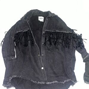 Zara Charcoal Fringe Jean Jacket